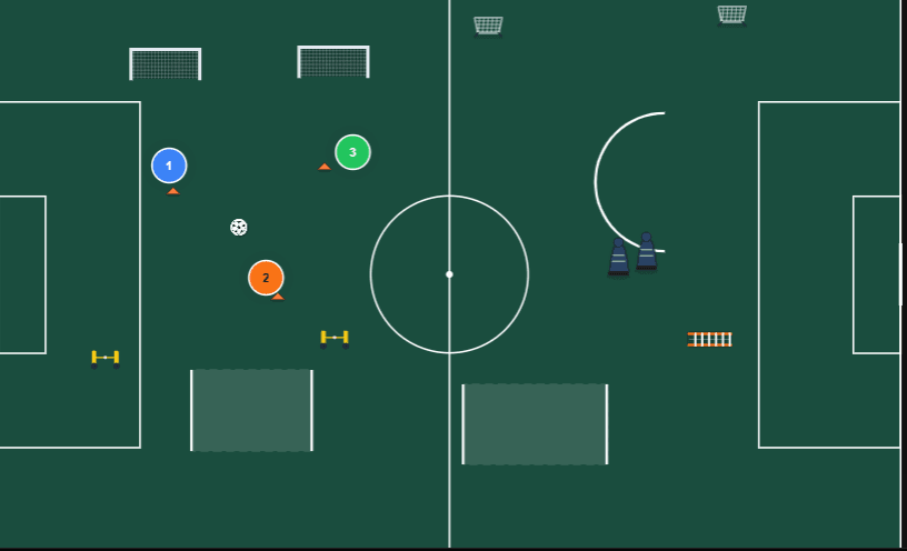 Populated drill with cones, hurdles, mannequins, goals, players and balls