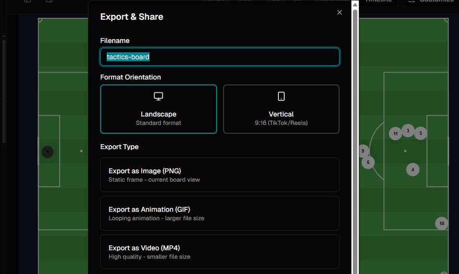 FC Tactix export dialog with aspect ratio options