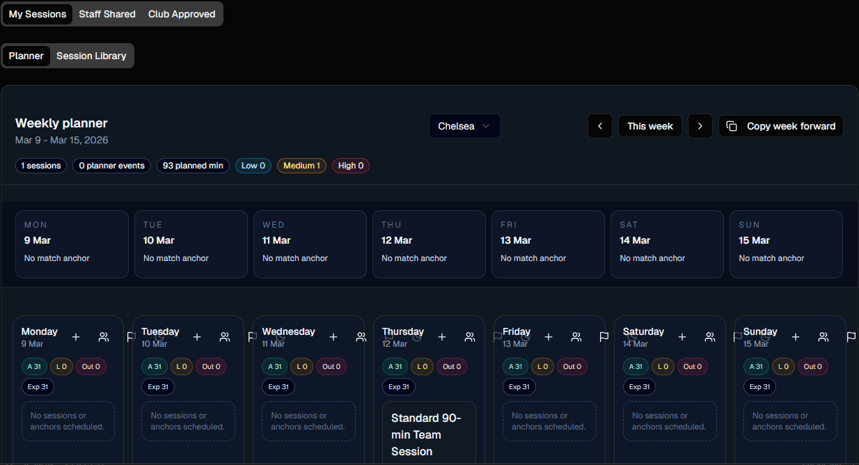 Weekly session planner view in FC Tactix