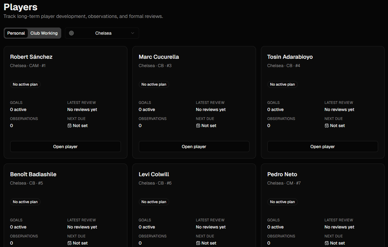 Shared academy squad view in FC Tactix
